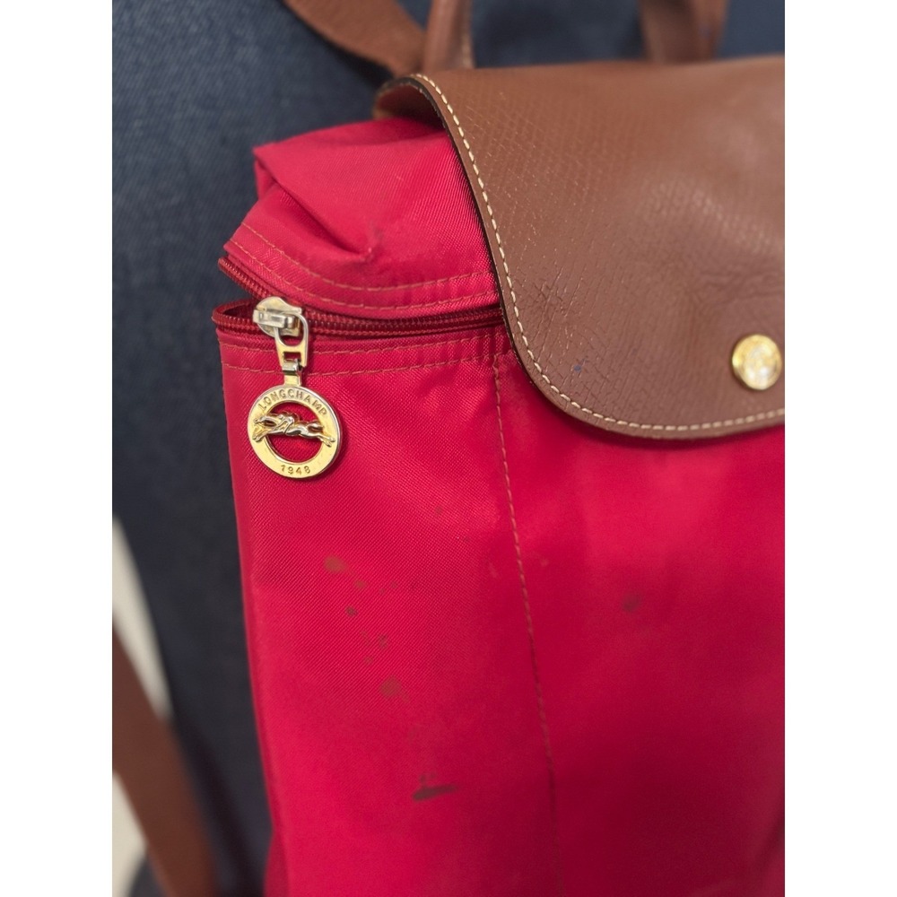 Longchamp Le Pliage Red Nylon Backpack Women Gold Zip Leather Trim STAINED - Picture 2 of 15